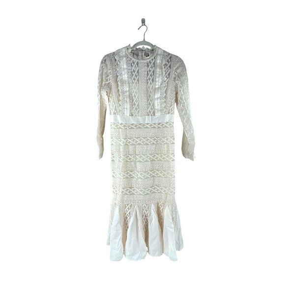 Metisu NWT Cream Sheer Lace Overlay Fishtail Midi Dress M Cottagecore Luxury - Picture 6 of 10